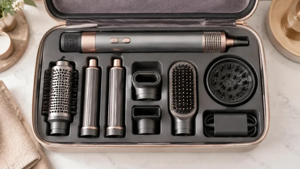 Open styling tool case showing what fits inside
