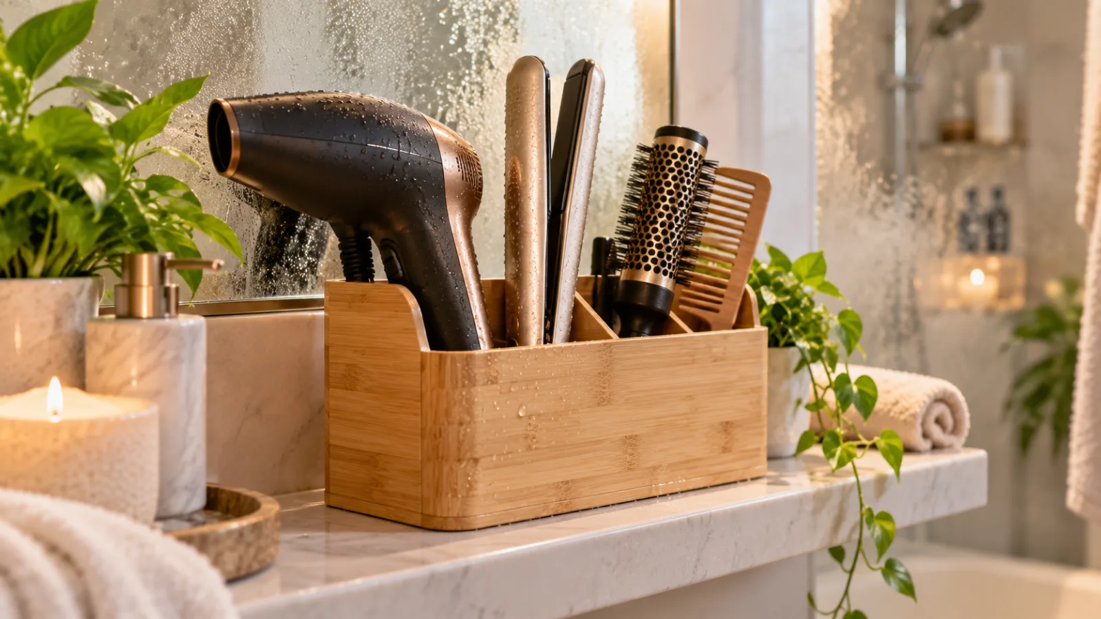 Bamboo hair tool organizer in a humid bathroom