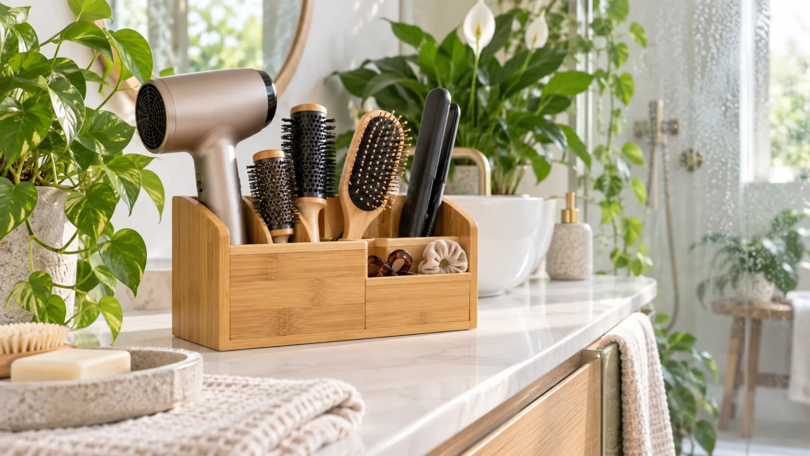 Bamboo hair tool organizer in a humid bathroom