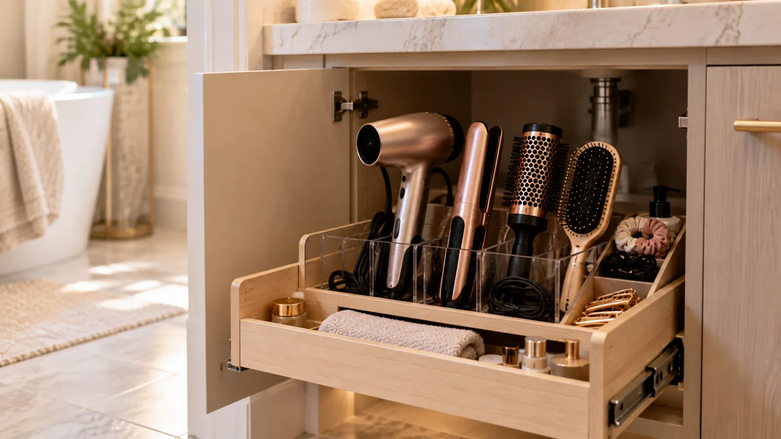 Countertop vs in-cabinet hair tool storage