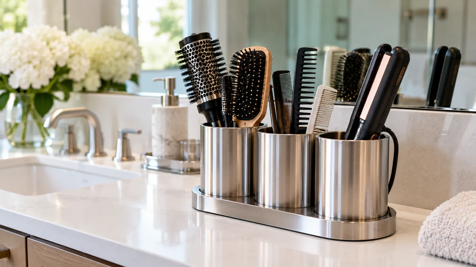 Hair tool organizer with steel cups