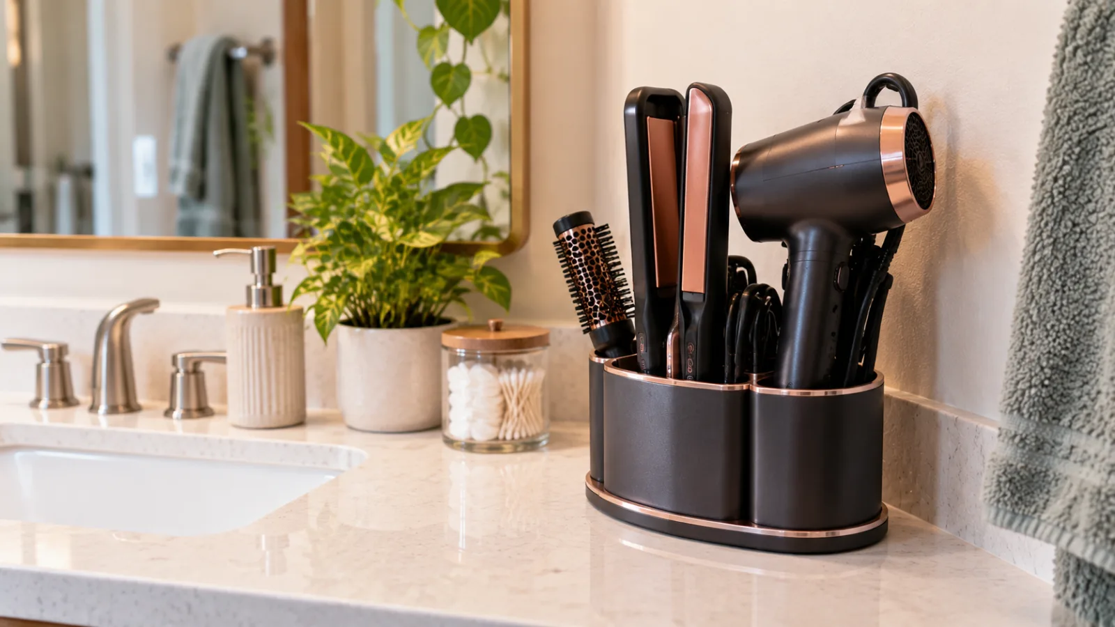 Hair tool storage with no wall damage