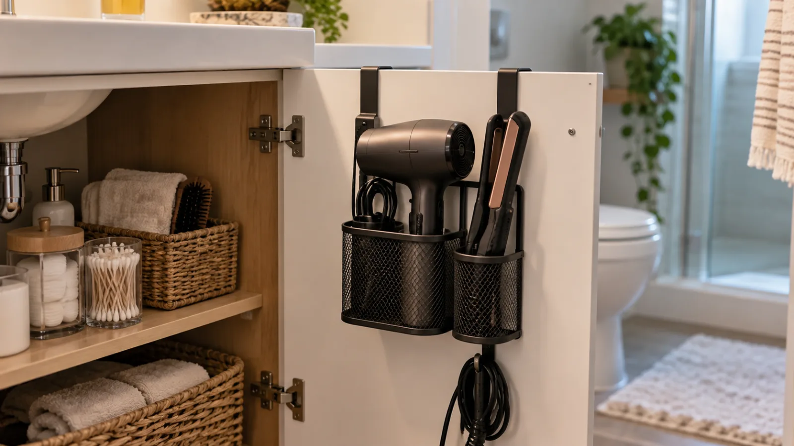 Small bathroom hair tool storage with no drilling